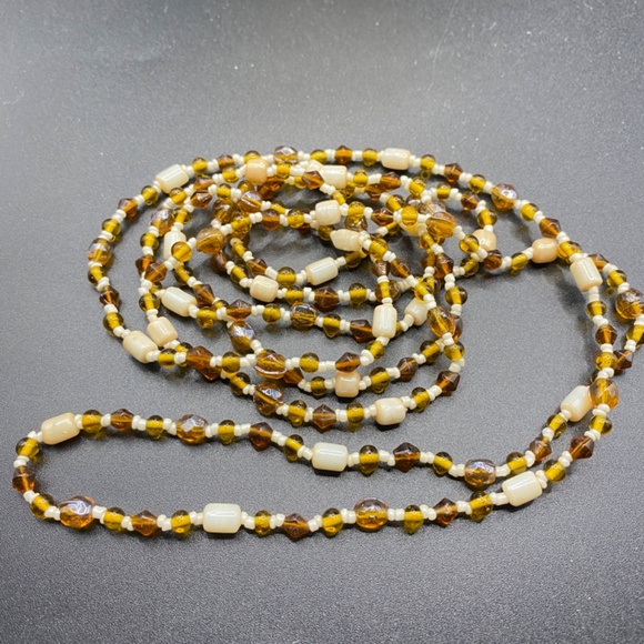 Glass Seed Beads Cream & Browns Long Boho Style Necklace Over-The-Head Artisan - Picture 3 of 6